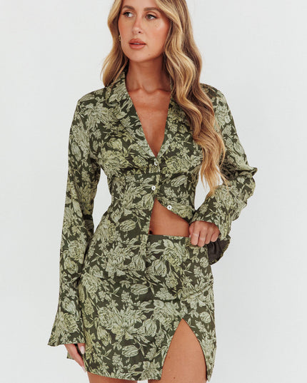 Olive Collared Button-Up Satin Shirt Floral