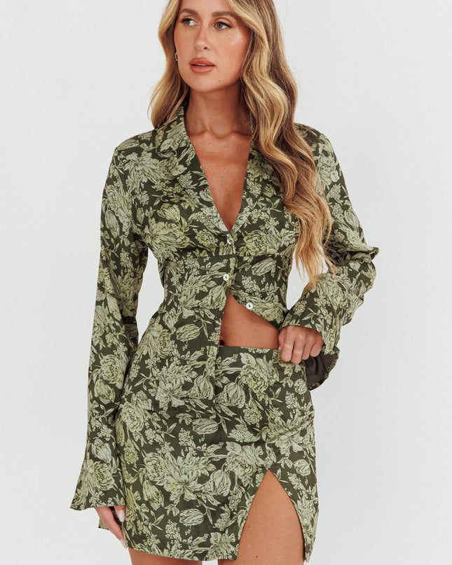 Olive Collared Button-Up Satin Shirt Floral