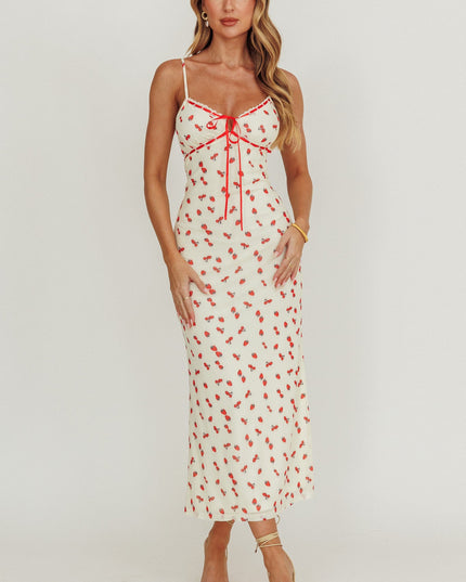 Cream Heart Ablaze Strawberry Cherry Print Midi Dress