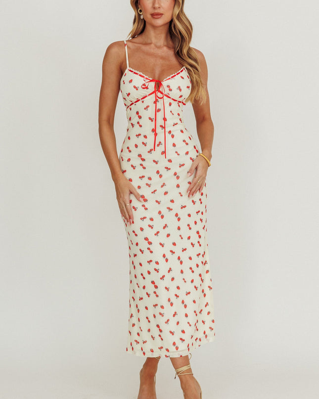 Cream Heart Ablaze Strawberry Cherry Print Midi Dress
