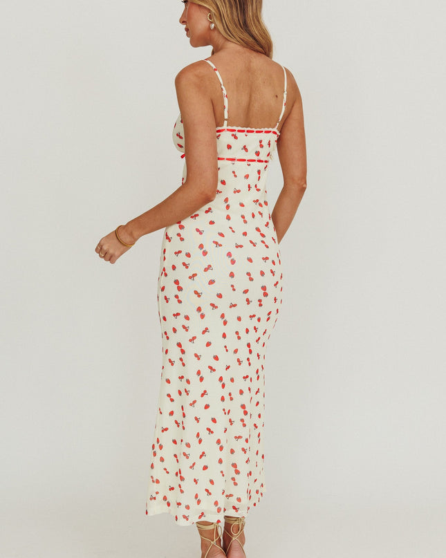 Cream Heart Ablaze Strawberry Cherry Print Midi Dress