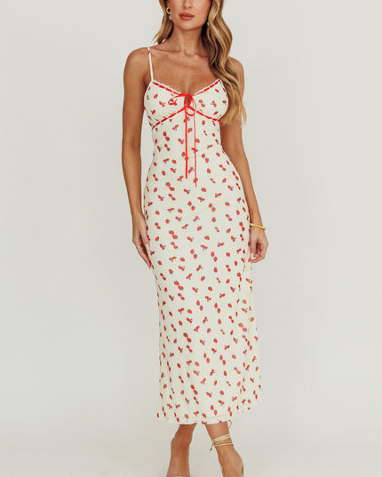 Cream Heart Ablaze Strawberry Cherry Print Midi Dress