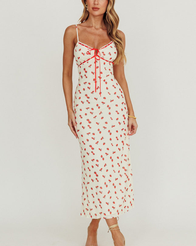 Cream Heart Ablaze Strawberry Cherry Print Midi Dress