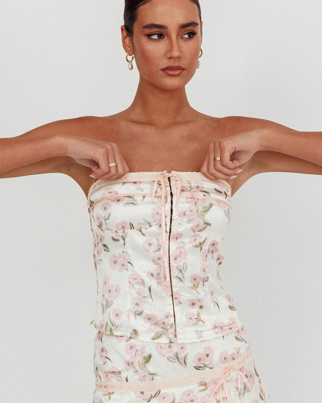 Pink Strapless Ribbon Top Floral