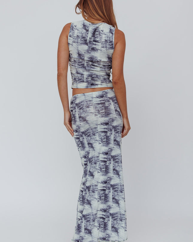 Denim Print Maxi Skirt Blue