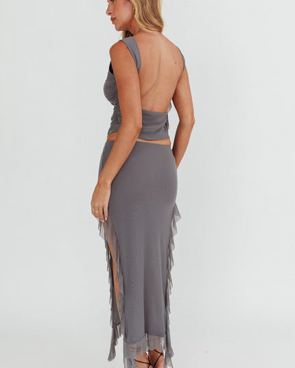 Side Split Ruffle Midi Skirt Cement