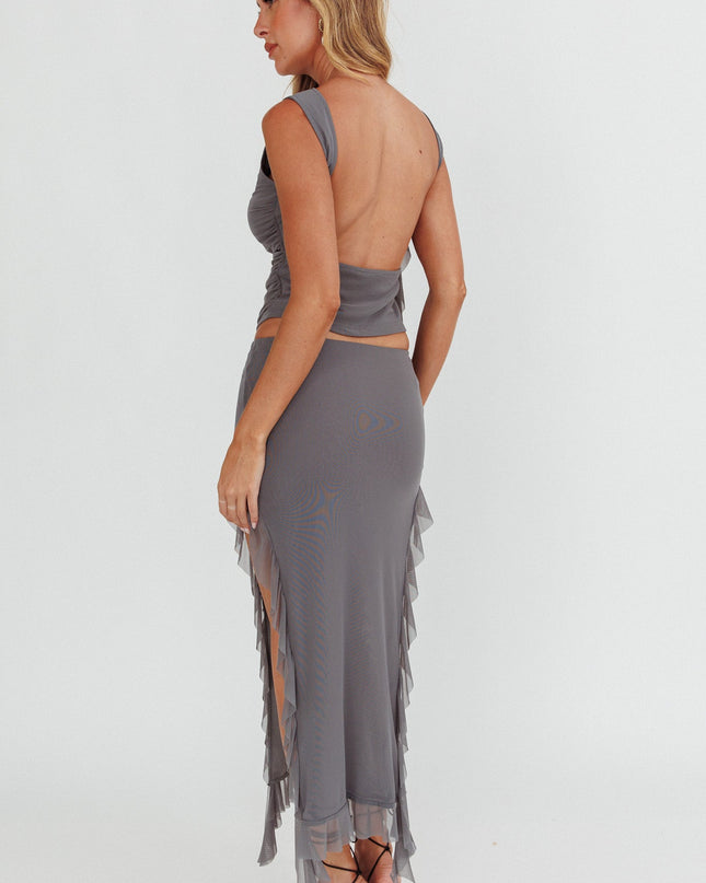 Side Split Ruffle Midi Skirt Cement