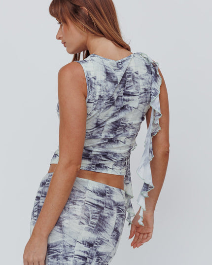 Denim Sleeveless Print Top Blue