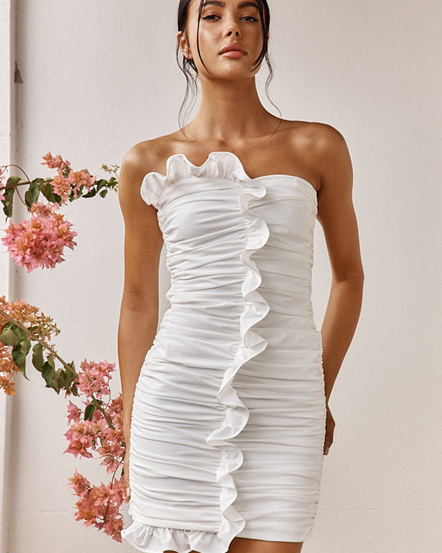 White Ruffle Trim Ruched Mini Dress