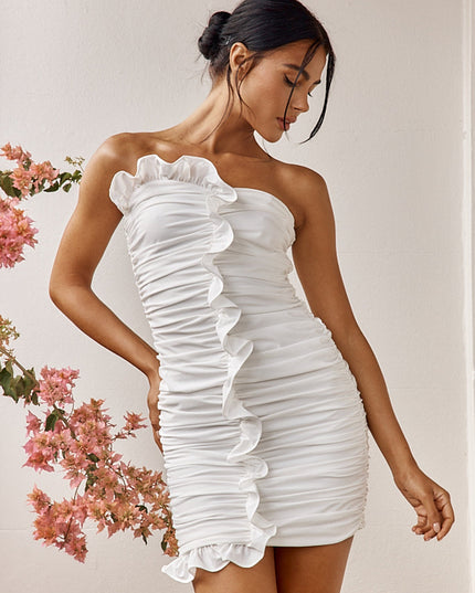 White Ruffle Trim Ruched Mini Dress