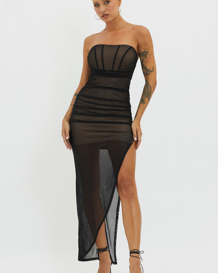 Black/Nude Strapless Sheer Midi Dress