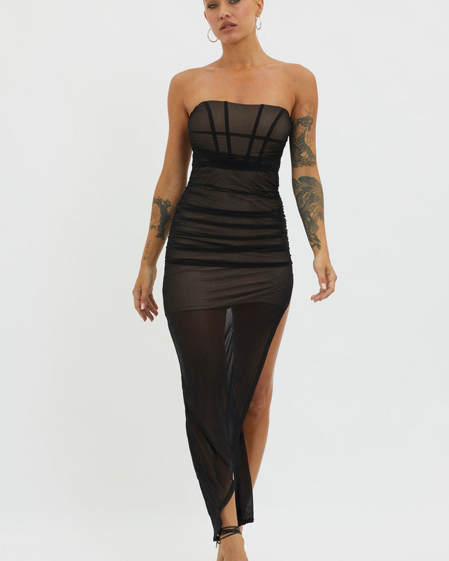 Black/Nude Strapless Sheer Midi Dress