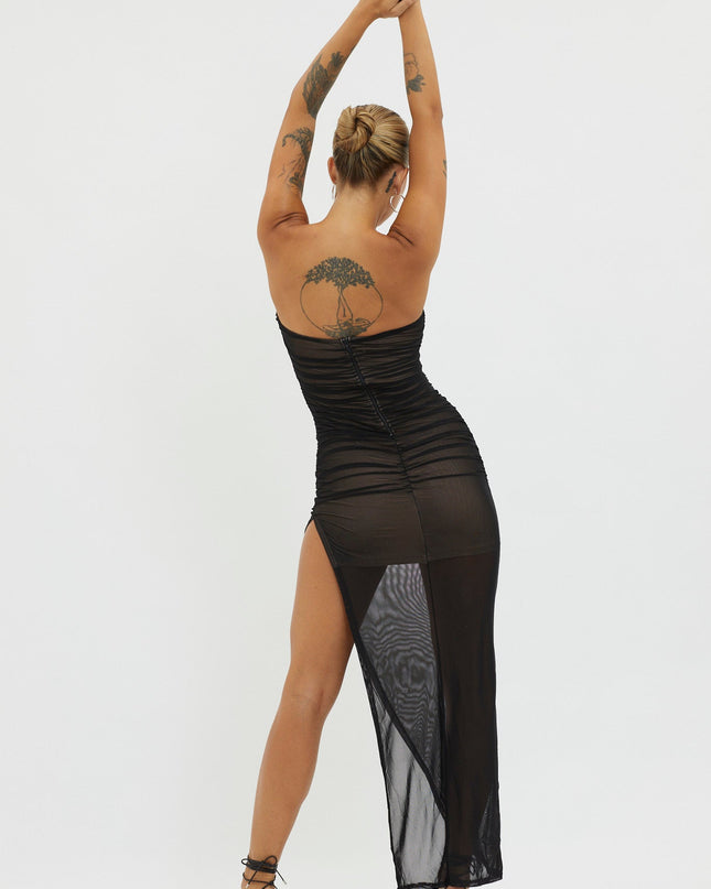 Black/Nude Strapless Sheer Midi Dress