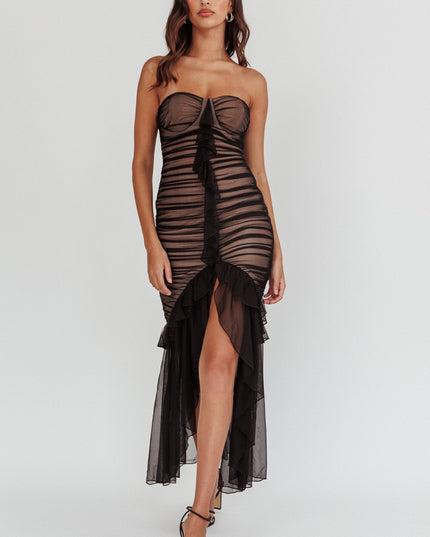 Black Strapless High-Low Hem Mesh Dress