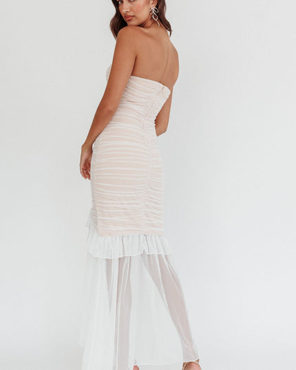 White Strapless High-Low Hem Mesh Dress