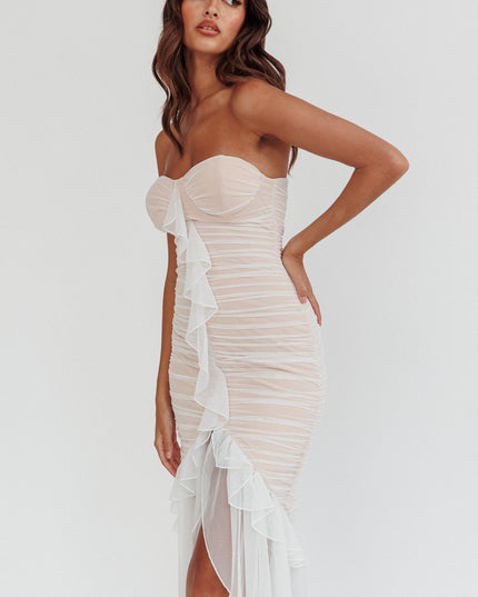 White Strapless High-Low Hem Mesh Dress
