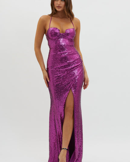 Magenta Lace-Up Back Sequin Maxi Dress