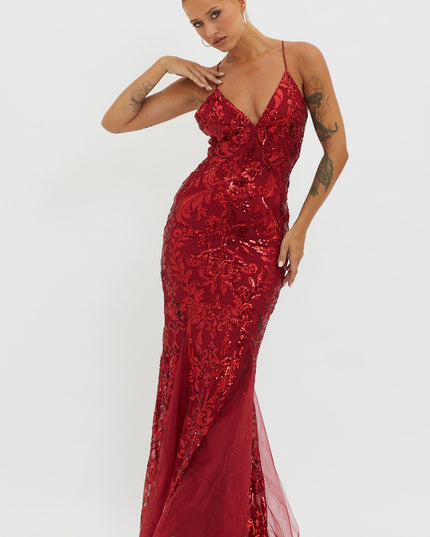 Red Godet Hem Sequin Maxi Dress