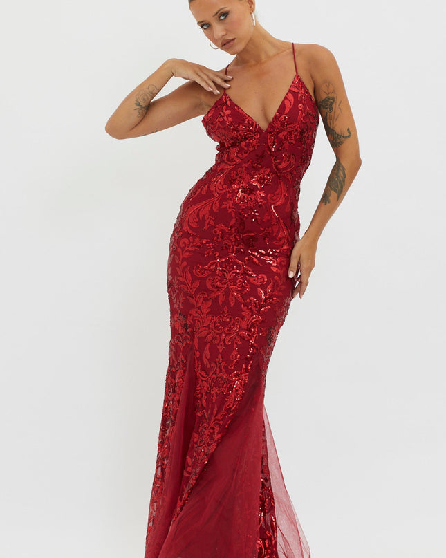 Red Godet Hem Sequin Maxi Dress