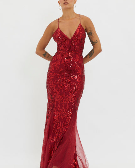 Red Godet Hem Sequin Maxi Dress
