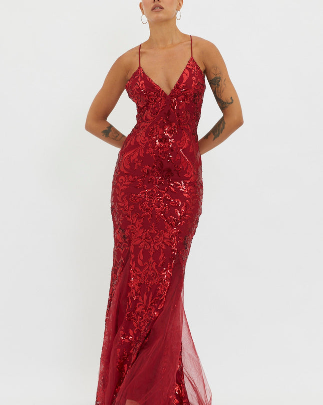 Red Godet Hem Sequin Maxi Dress