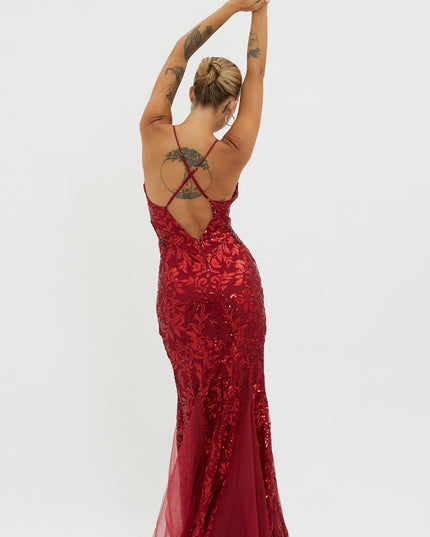 Red Godet Hem Sequin Maxi Dress