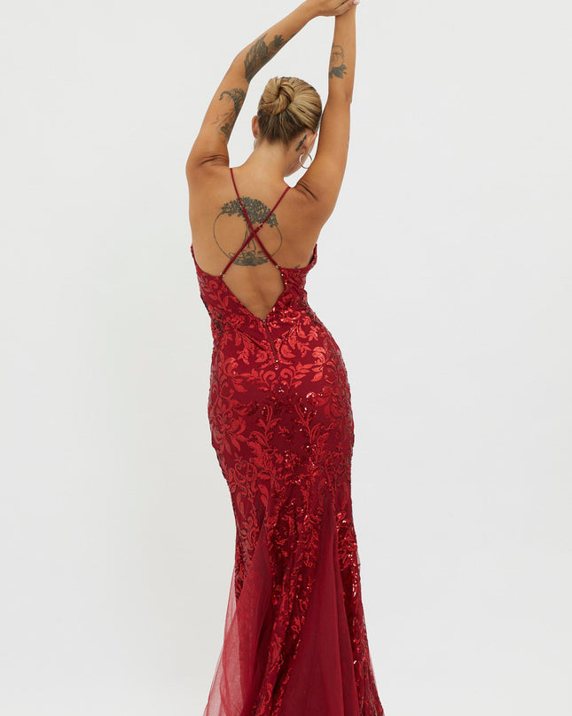 Red Godet Hem Sequin Maxi Dress