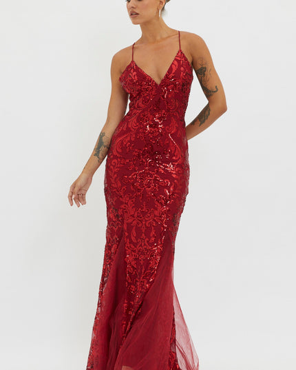 Red Godet Hem Sequin Maxi Dress