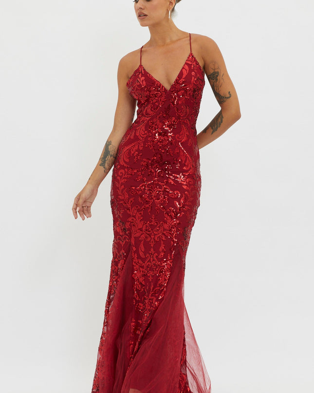 Red Godet Hem Sequin Maxi Dress