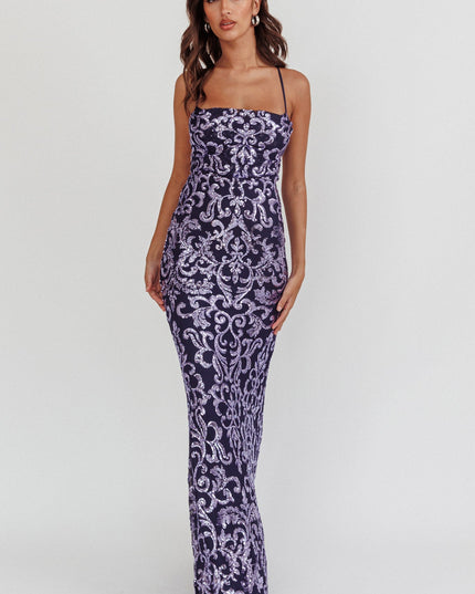 Lavender/Navy Sequin Maxi Dress