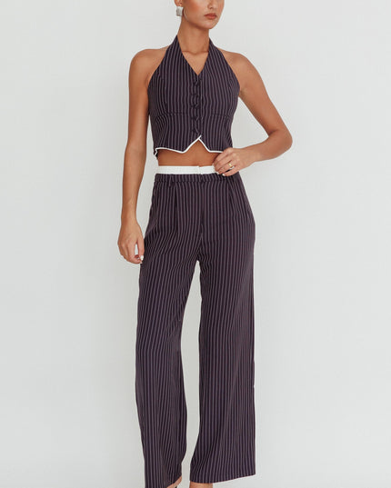 Navy Pinstripe Double Waistband Wide-Leg Pants