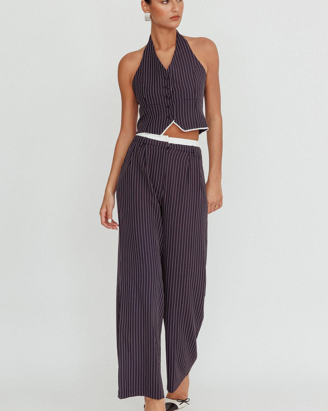 Navy Pinstripe Double Waistband Wide-Leg Pants