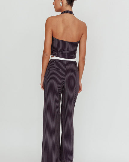 Navy Pinstripe Double Waistband Wide-Leg Pants