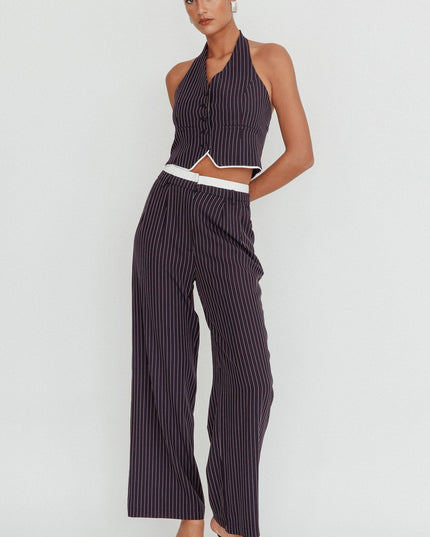Navy Pinstripe Double Waistband Wide-Leg Pants