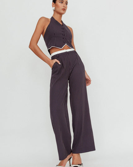 Navy Pinstripe Double Waistband Wide-Leg Pants
