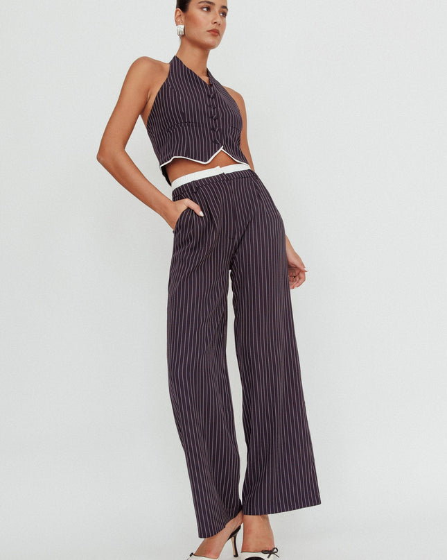 Navy Pinstripe Double Waistband Wide-Leg Pants