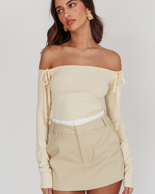 White Pinstripe Double Waistband Skort Beige