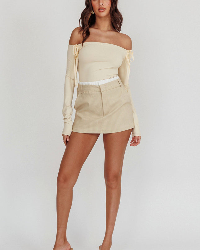 White Pinstripe Double Waistband Skort Beige