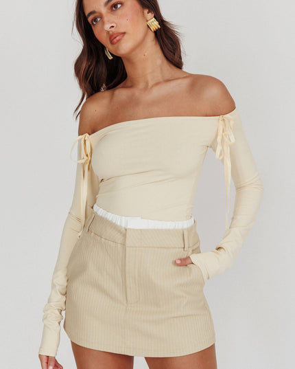 White Pinstripe Double Waistband Skort Beige