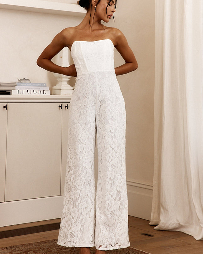 White Strapless Lace Jumpsuit