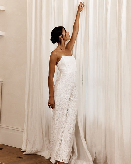 White Strapless Lace Jumpsuit