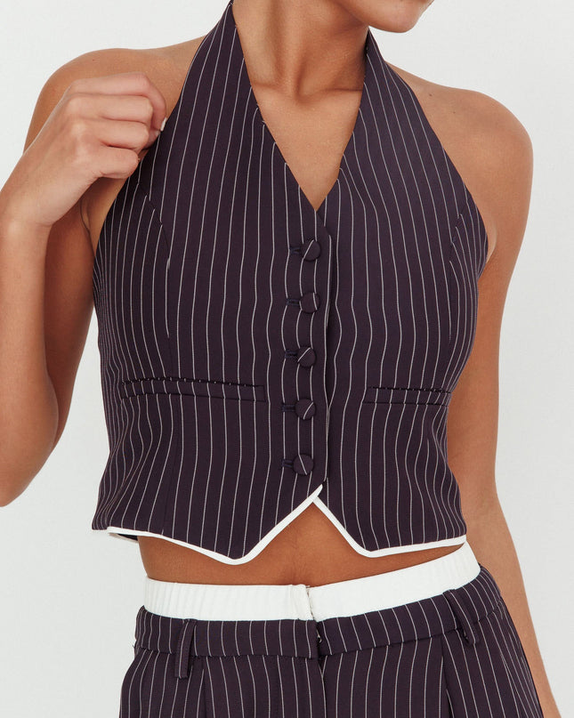 Navy Pinstripe Halter Neck Vest