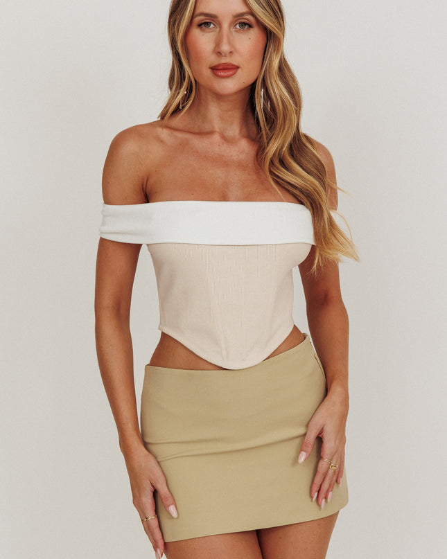 Beige/White Tea Off-Shoulder Top