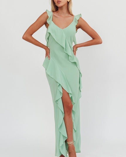 Pistachio Ruffle Trim Maxi Dress