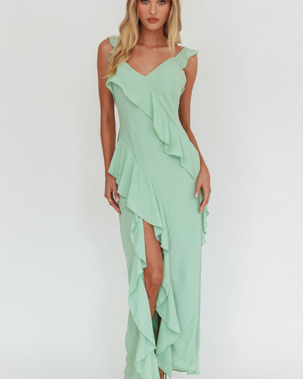Pistachio Ruffle Trim Maxi Dress