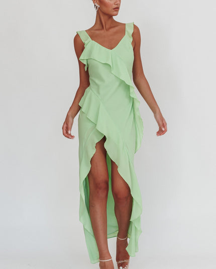 Pistachio Ruffle Trim Maxi Dress