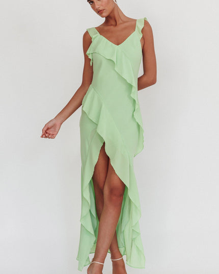 Pistachio Ruffle Trim Maxi Dress