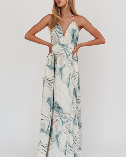 Teal Marble Print Backless Maxi Dress