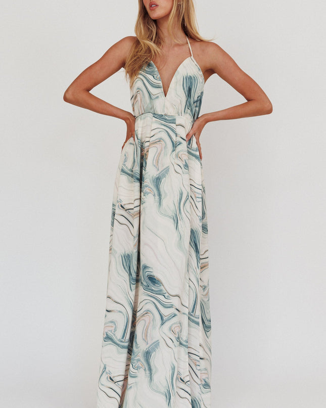 Teal Marble Print Backless Maxi Dress