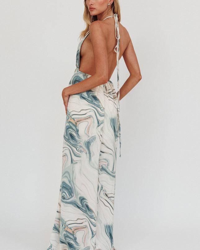 Teal Marble Print Backless Maxi Dress